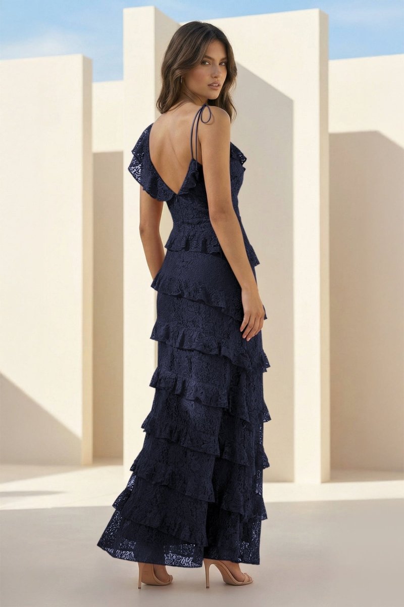 Red Sheath V Neck Lace Long Prom Dresses With Ruffles