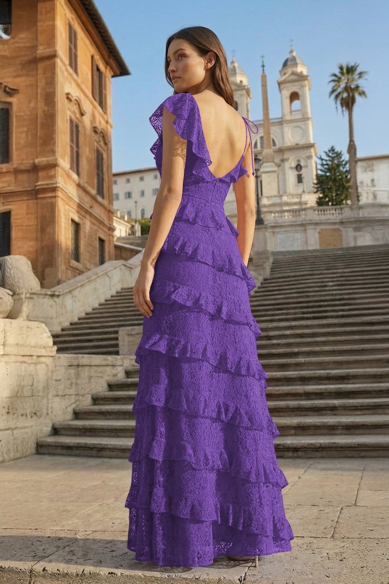 Red Sheath V Neck Lace Long Prom Dresses With Ruffles