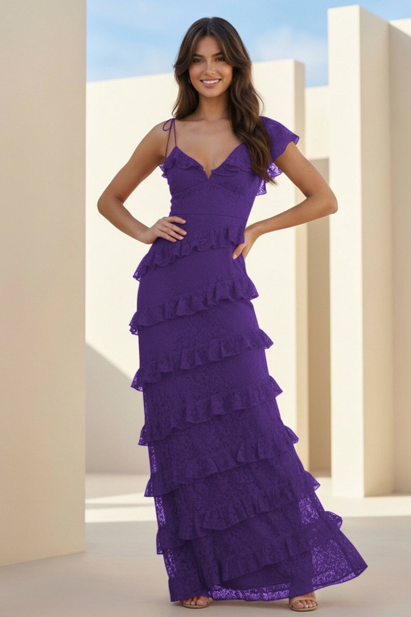 Red Sheath V Neck Lace Long Prom Dresses With Ruffles