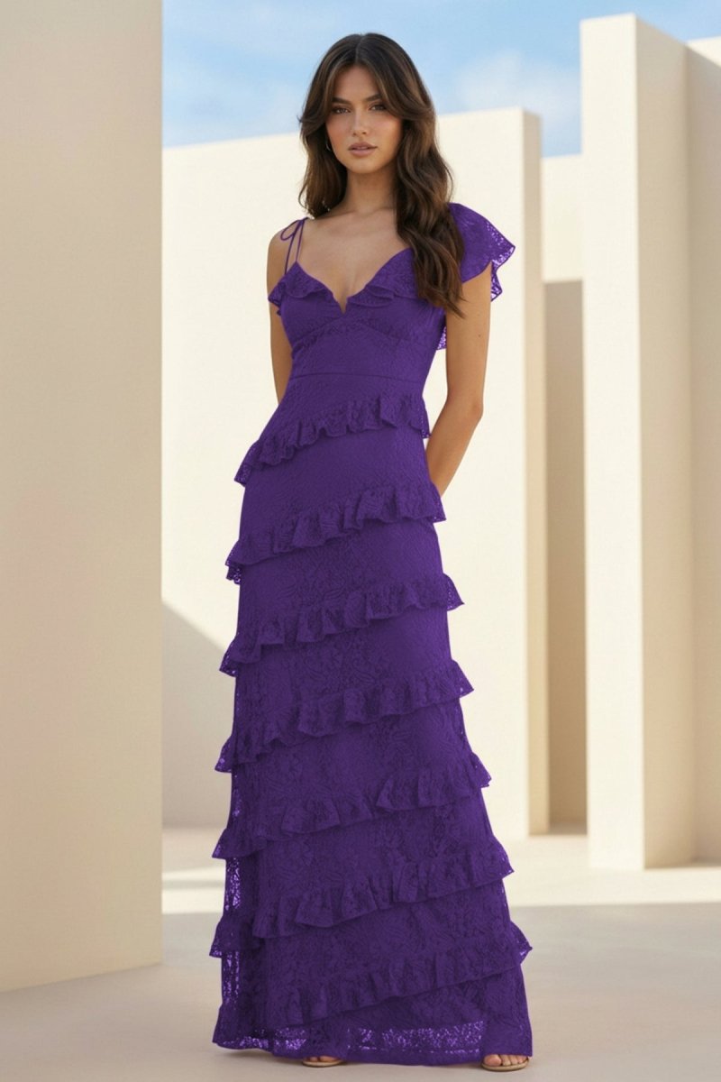 Red Sheath V Neck Lace Long Prom Dresses With Ruffles