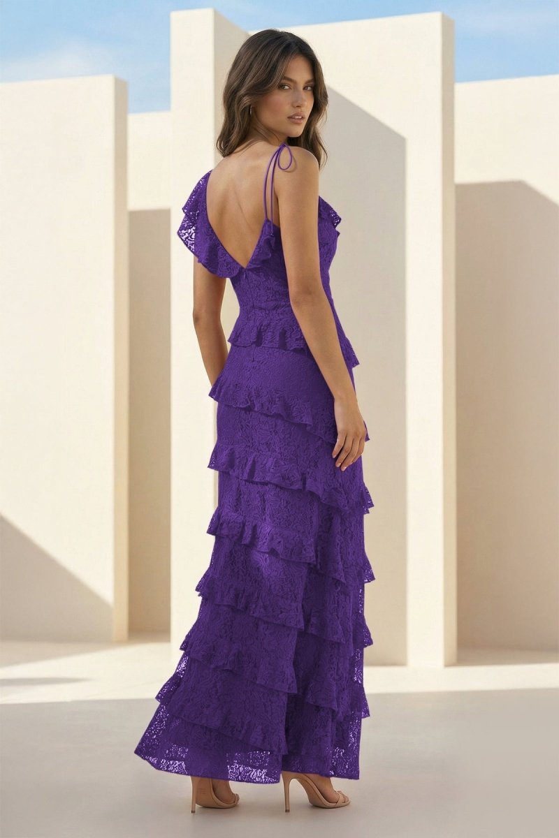Red Sheath V Neck Lace Long Prom Dresses With Ruffles