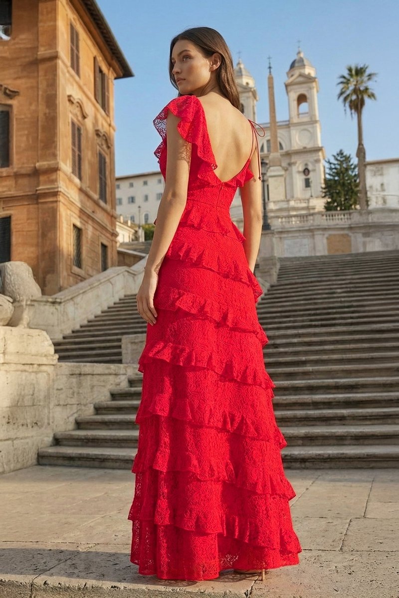 Red Sheath V Neck Lace Long Prom Dresses With Ruffles