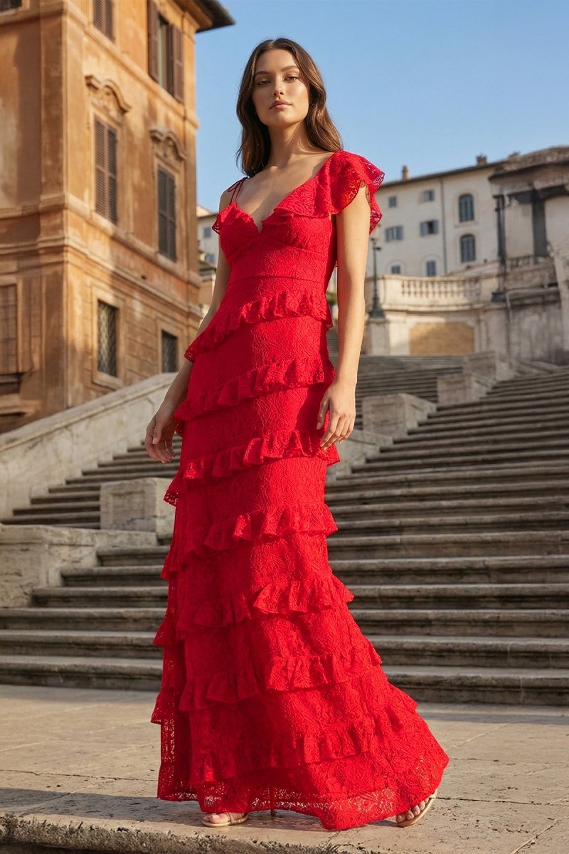 Red Sheath V Neck Lace Long Prom Dresses With Ruffles