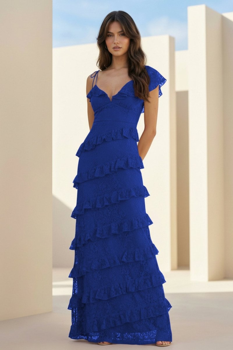 Red Sheath V Neck Lace Long Prom Dresses With Ruffles