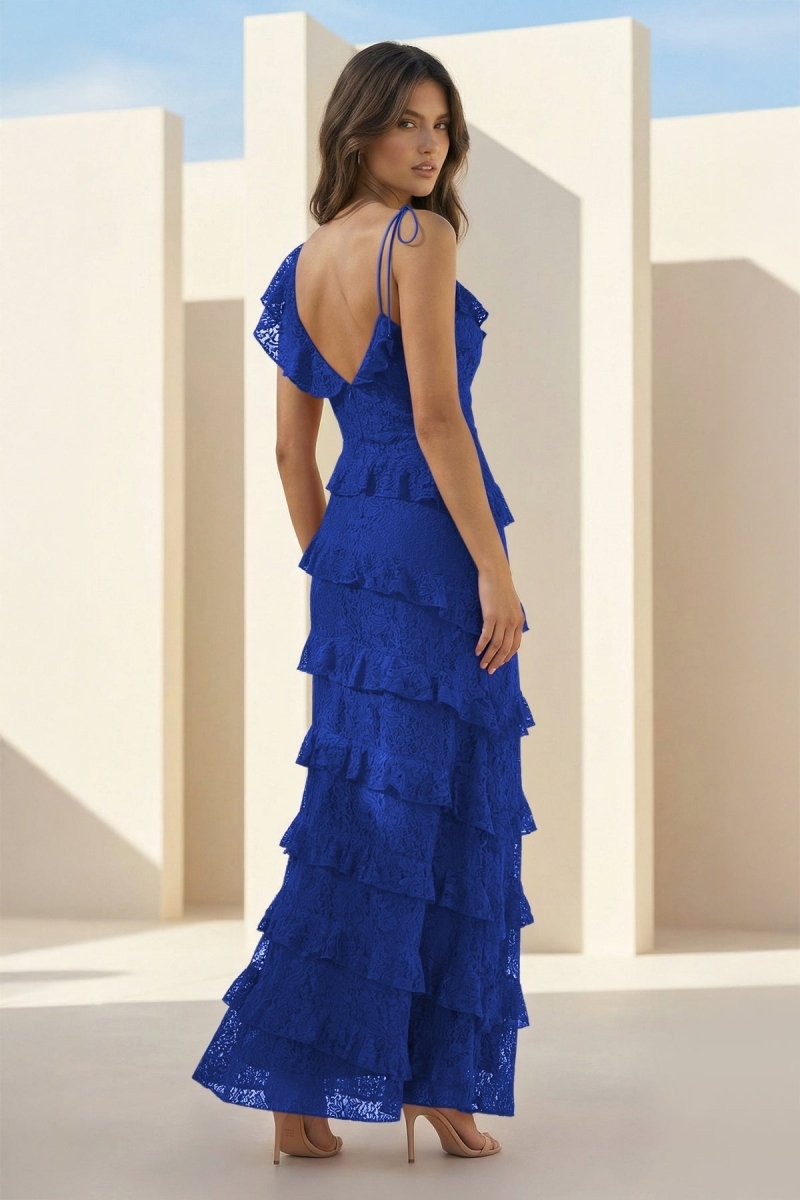 Red Sheath V Neck Lace Long Prom Dresses With Ruffles