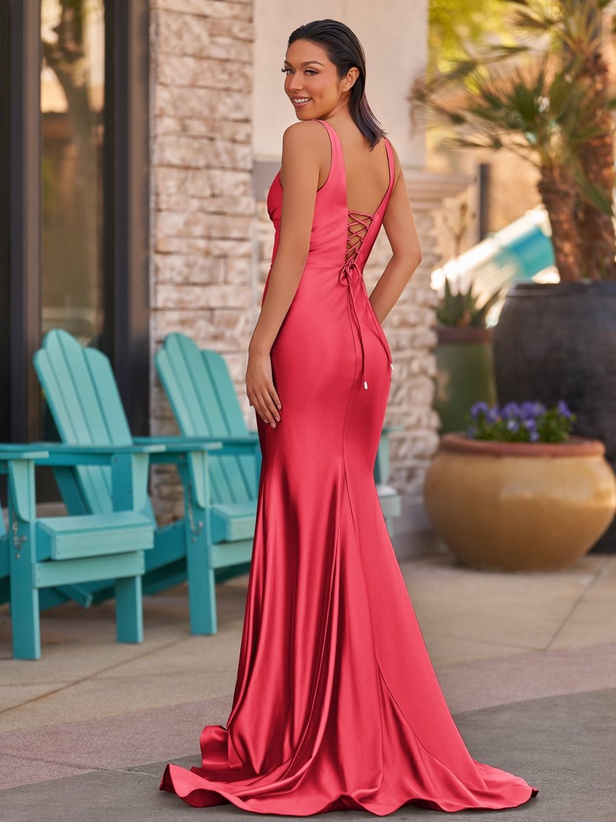 Pink V Neck Satin Mermaid Sleeveless Long Prom Dress