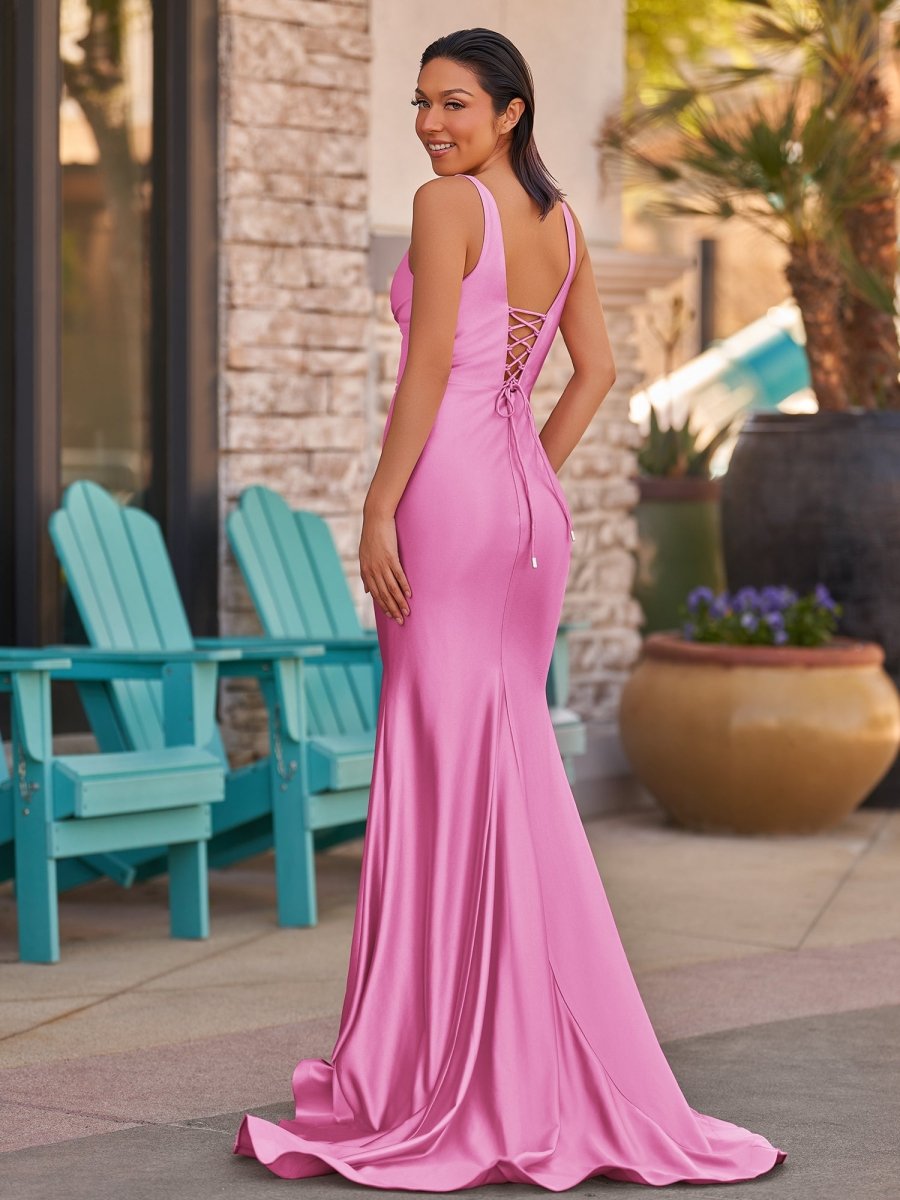 Pink V Neck Satin Mermaid Sleeveless Long Prom Dress