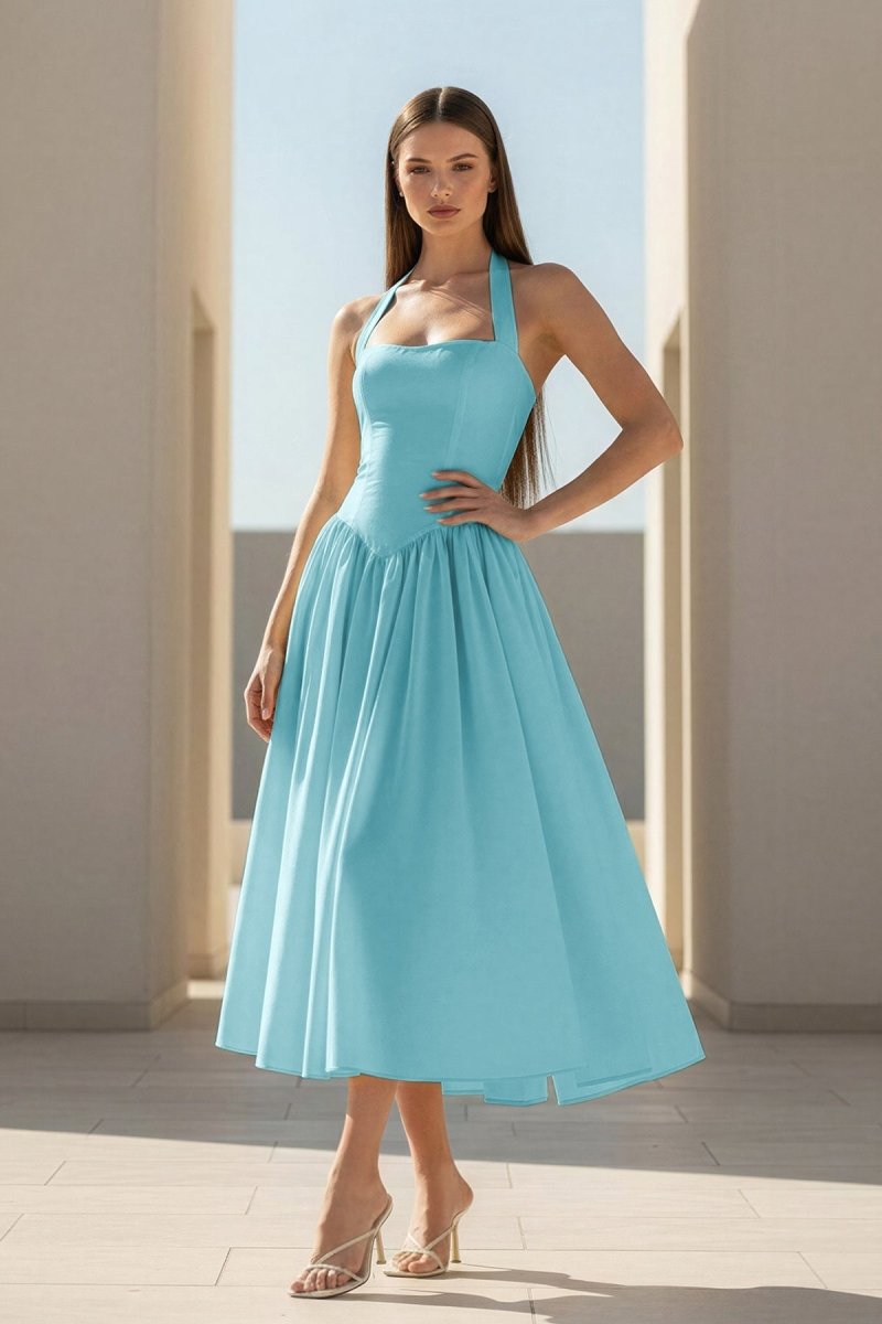 Yellow Halter A Line Satin Pleated Tea Length Formal Prom Dresses