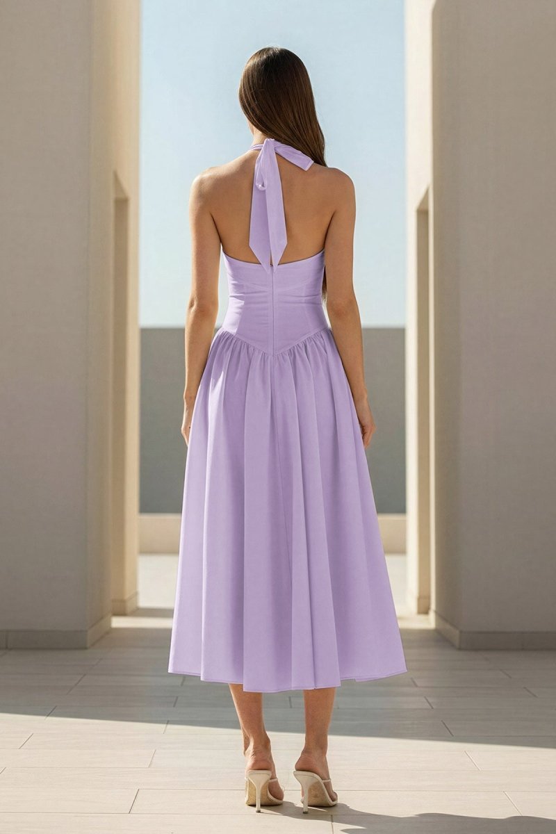 Yellow Halter A Line Satin Pleated Tea Length Formal Prom Dresses
