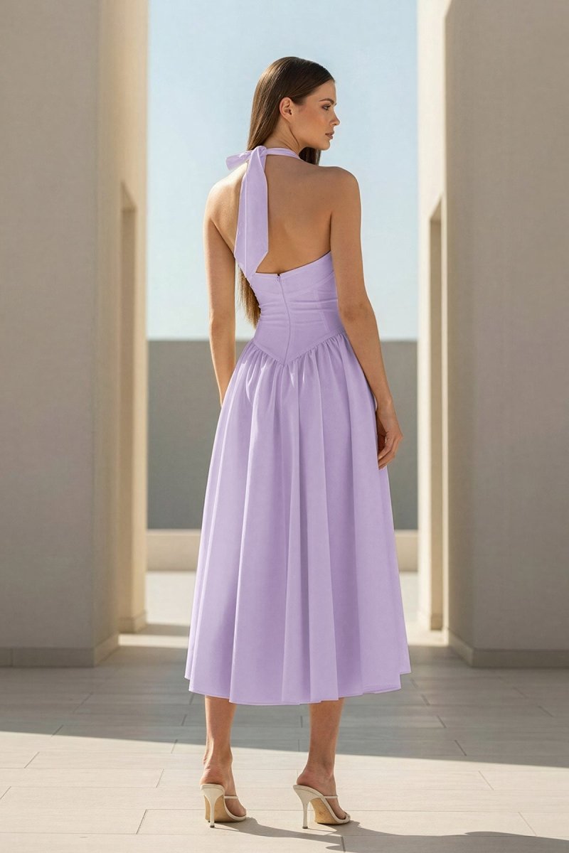Yellow Halter A Line Satin Pleated Tea Length Formal Prom Dresses