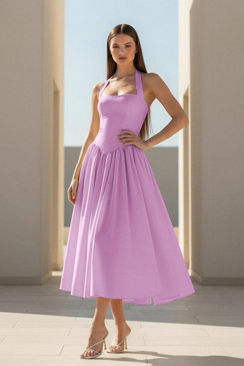Yellow Halter A Line Satin Pleated Tea Length Formal Prom Dresses