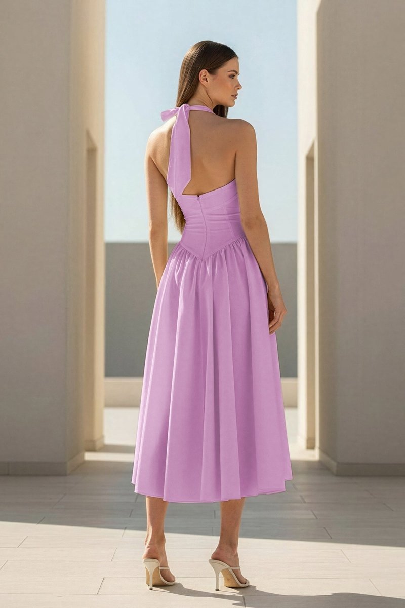 Yellow Halter A Line Satin Pleated Tea Length Formal Prom Dresses