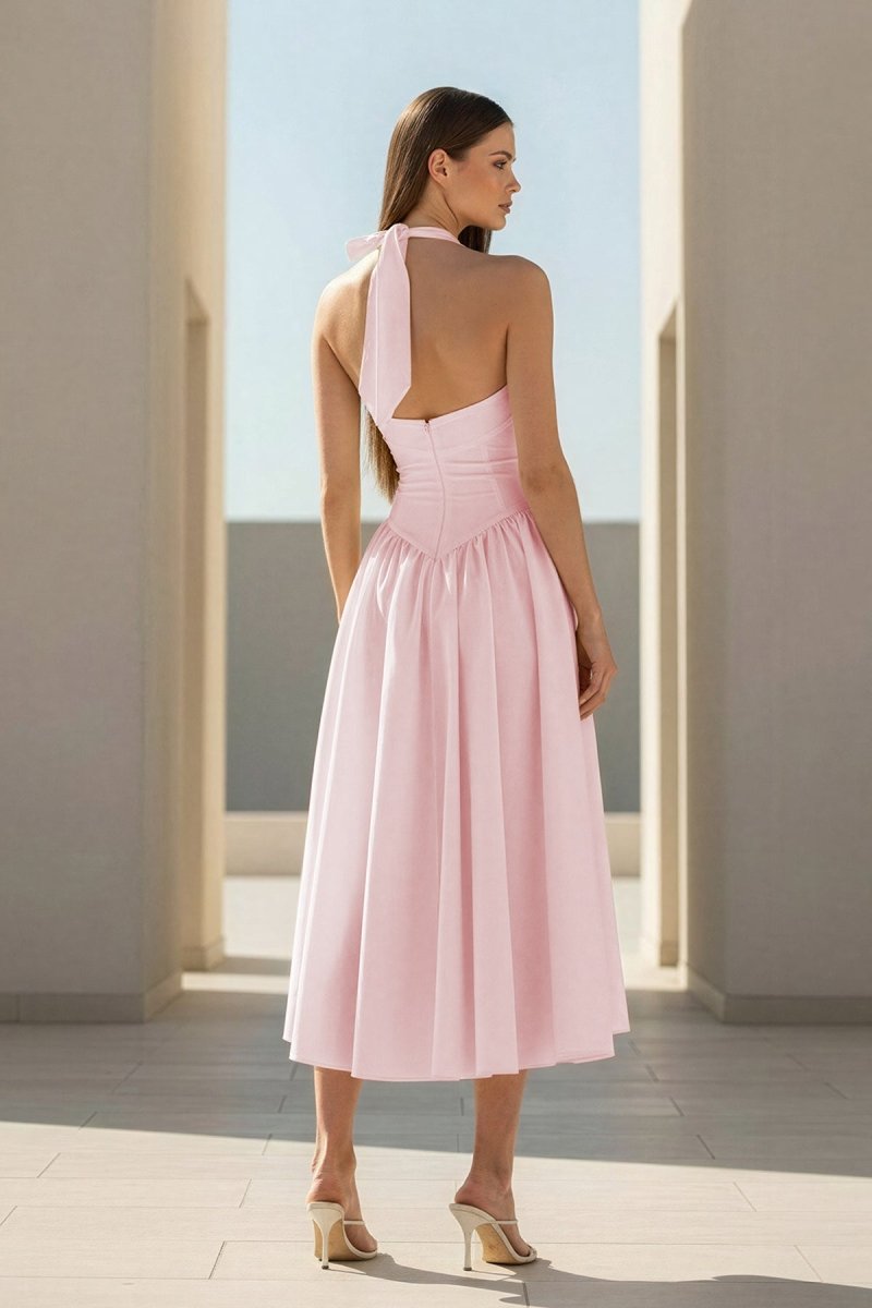 Yellow Halter A Line Satin Pleated Tea Length Formal Prom Dresses