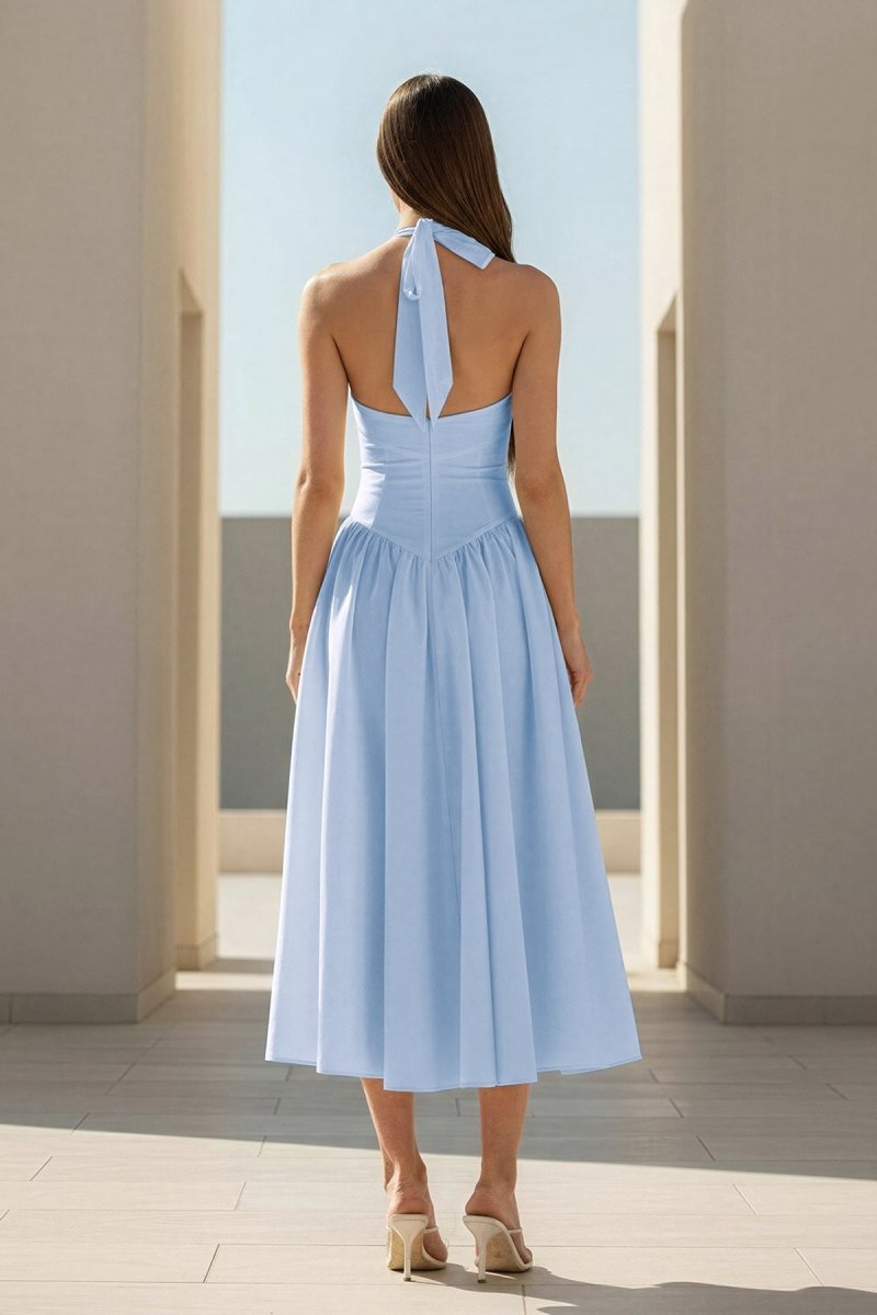 Yellow Halter A Line Satin Pleated Tea Length Formal Prom Dresses