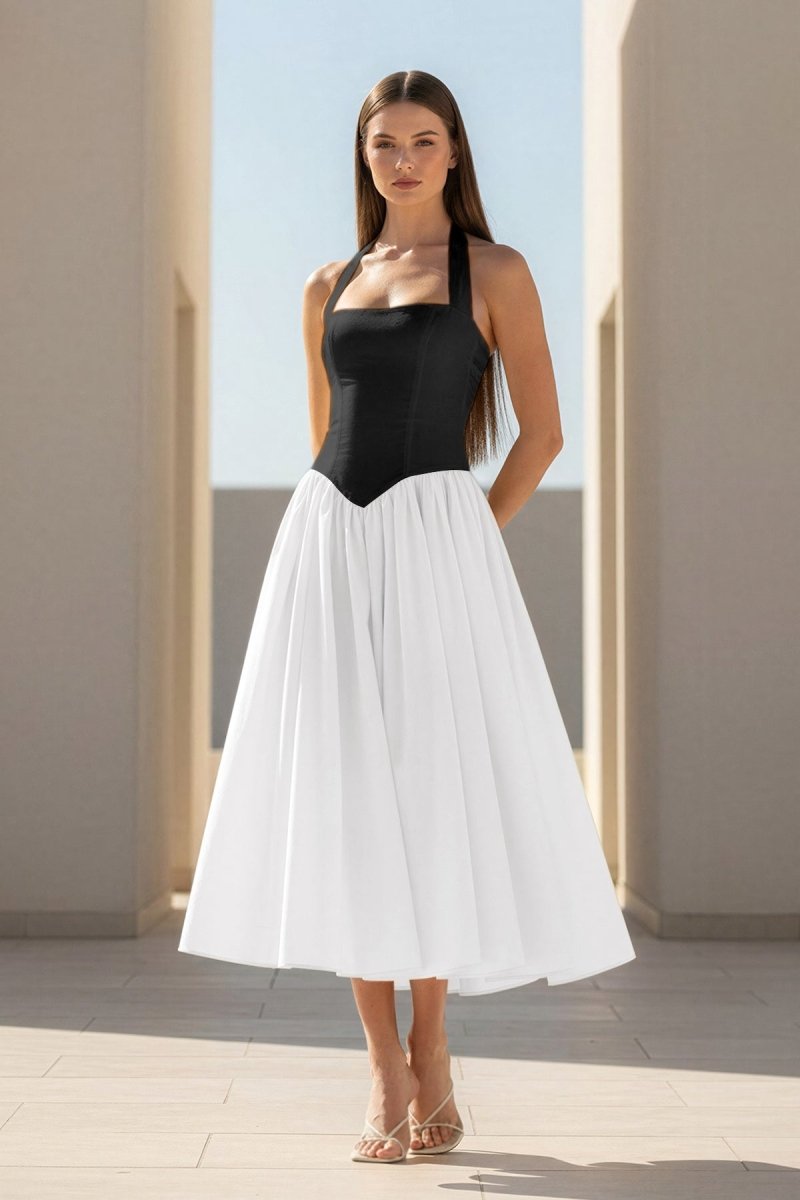 Yellow Halter A Line Satin Pleated Tea Length Formal Prom Dresses