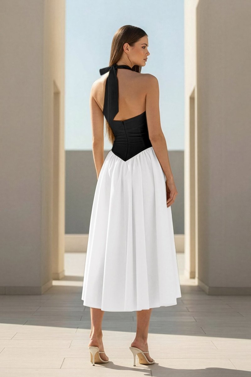 Yellow Halter A Line Satin Pleated Tea Length Formal Prom Dresses