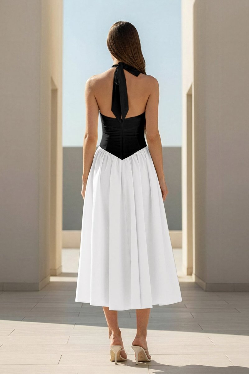 Yellow Halter A Line Satin Pleated Tea Length Formal Prom Dresses
