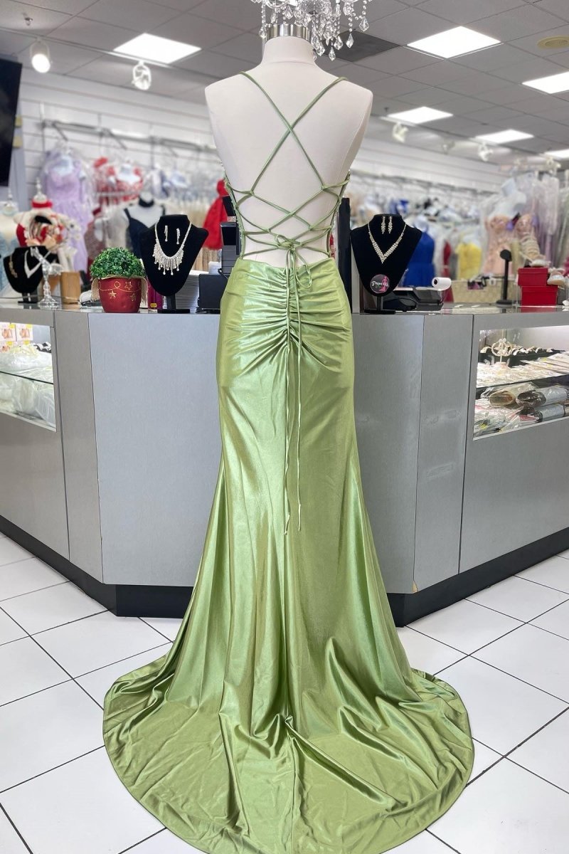 Sage Spaghetti Straps Satin Mermaid Long Prom Dress with Slit