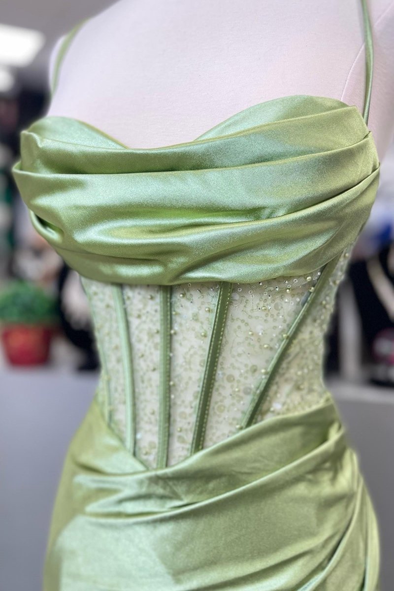 Sage Spaghetti Straps Satin Mermaid Long Prom Dress with Slit