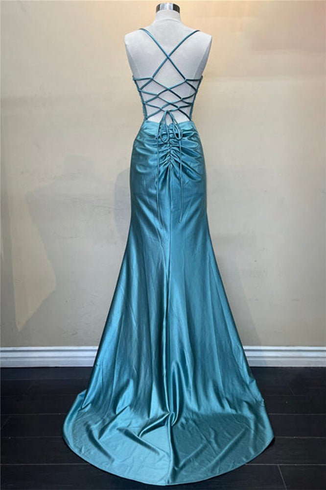 Sage Spaghetti Straps Satin Mermaid Long Prom Dress with Slit