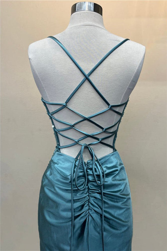 Sage Spaghetti Straps Satin Mermaid Long Prom Dress with Slit