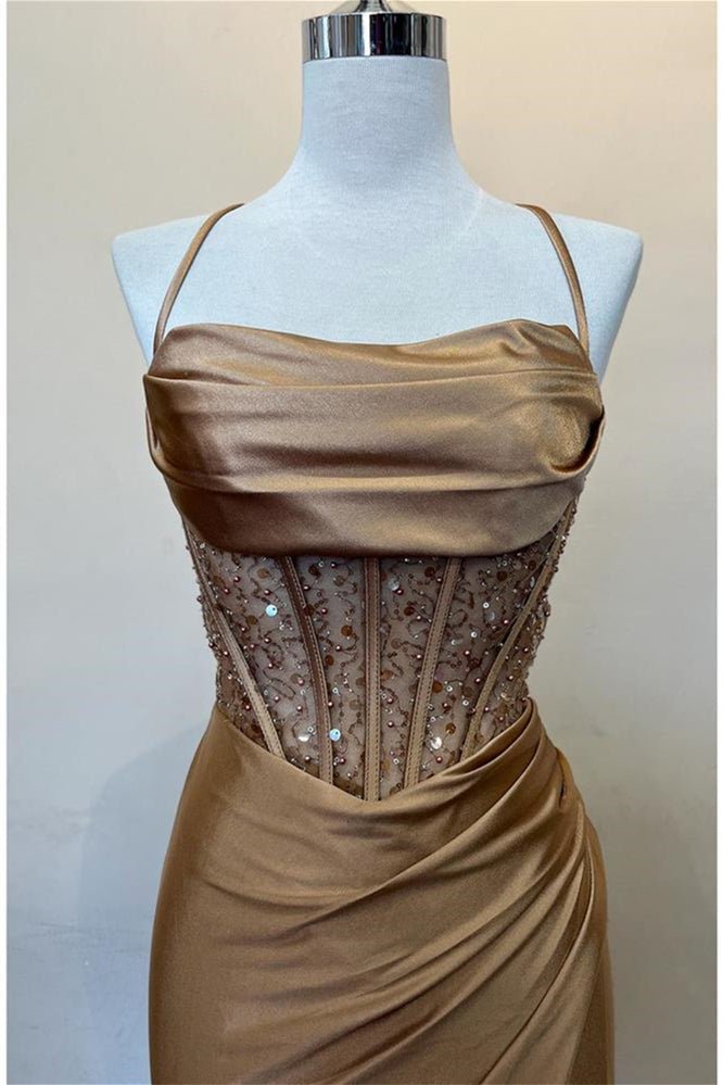 Sage Spaghetti Straps Satin Mermaid Long Prom Dress with Slit