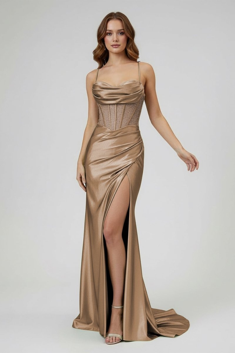 Sage Spaghetti Straps Satin Mermaid Long Prom Dress with Slit