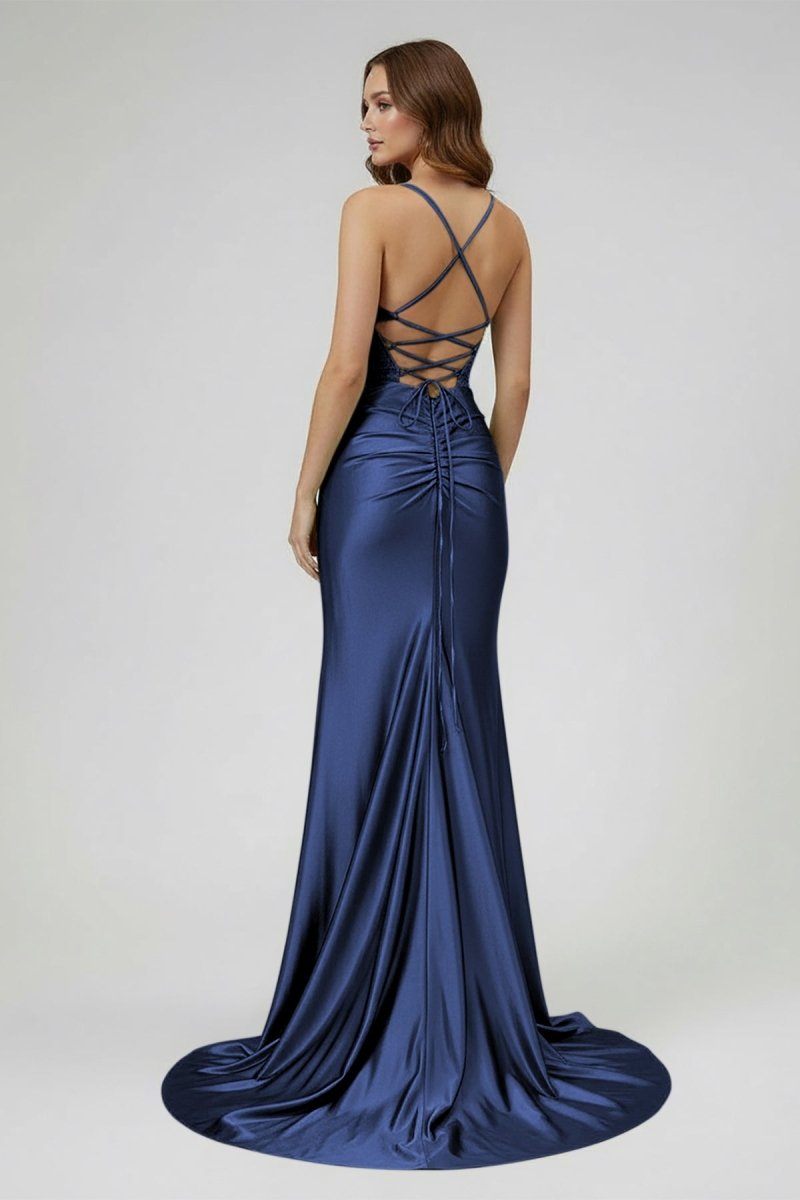 Sage Spaghetti Straps Satin Mermaid Long Prom Dress with Slit