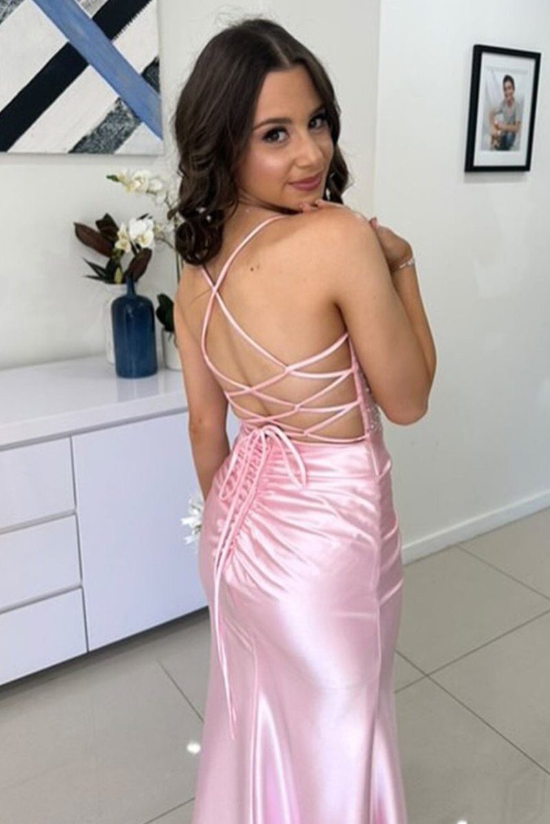 Sage Spaghetti Straps Satin Mermaid Long Prom Dress with Slit