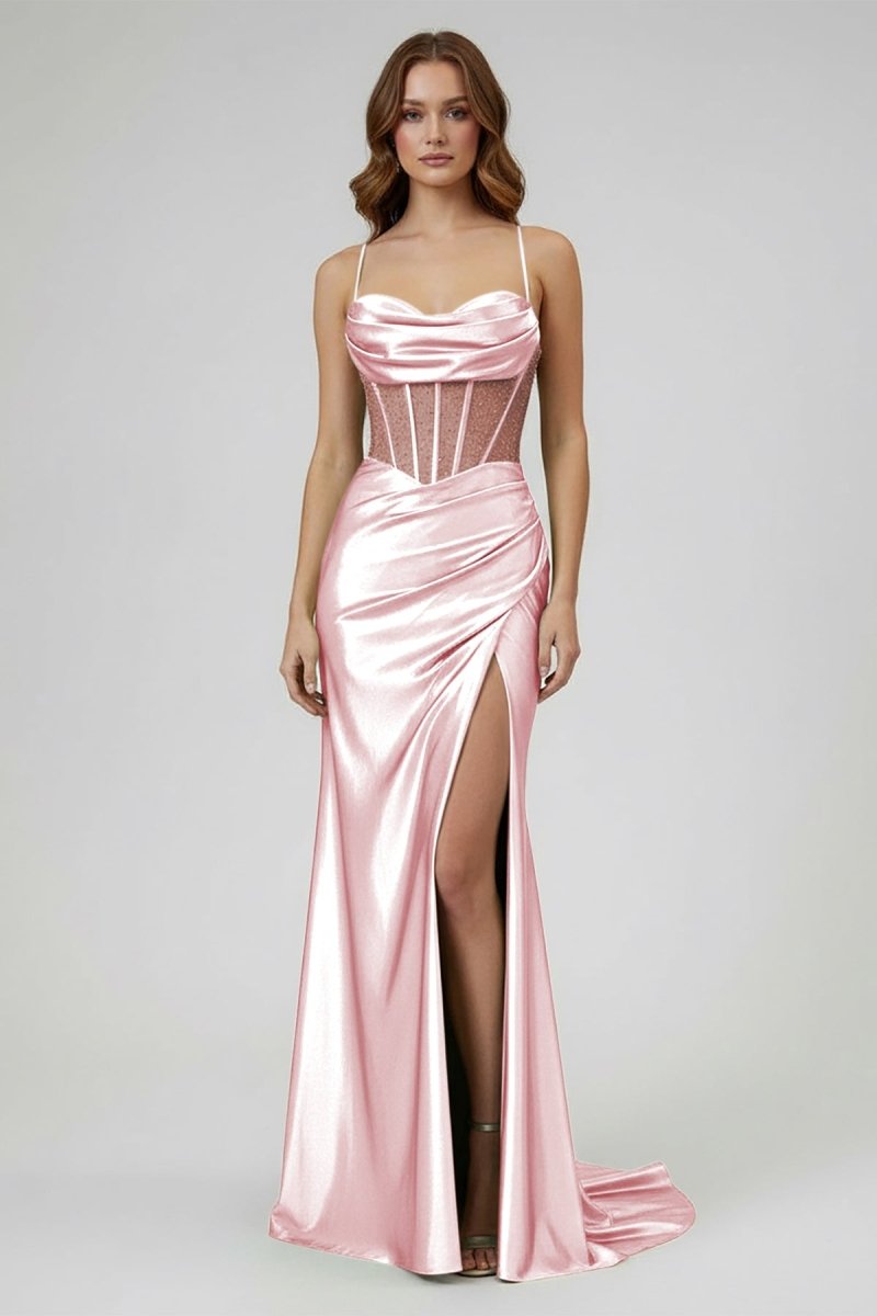 Sage Spaghetti Straps Satin Mermaid Long Prom Dress with Slit