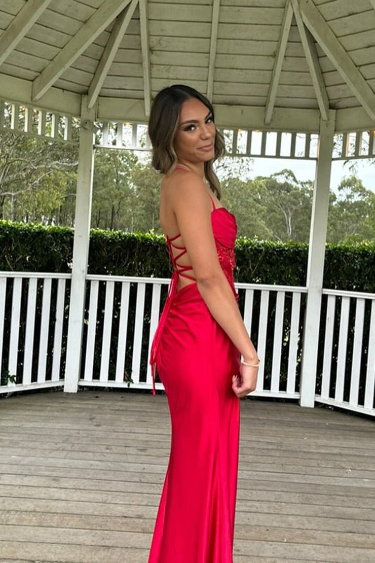 Sage Spaghetti Straps Satin Mermaid Long Prom Dress with Slit