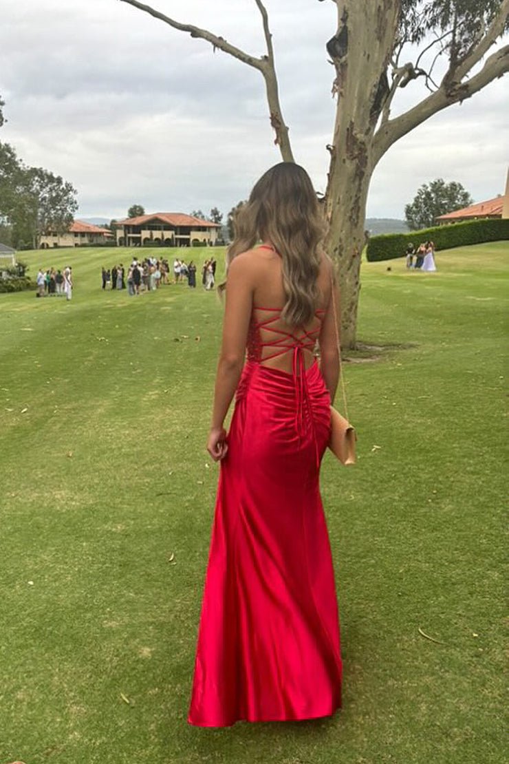 Sage Spaghetti Straps Satin Mermaid Long Prom Dress with Slit