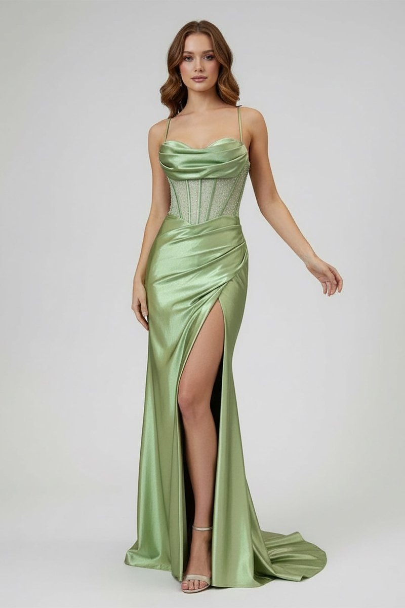 Sage Spaghetti Straps Satin Mermaid Long Prom Dress with Slit