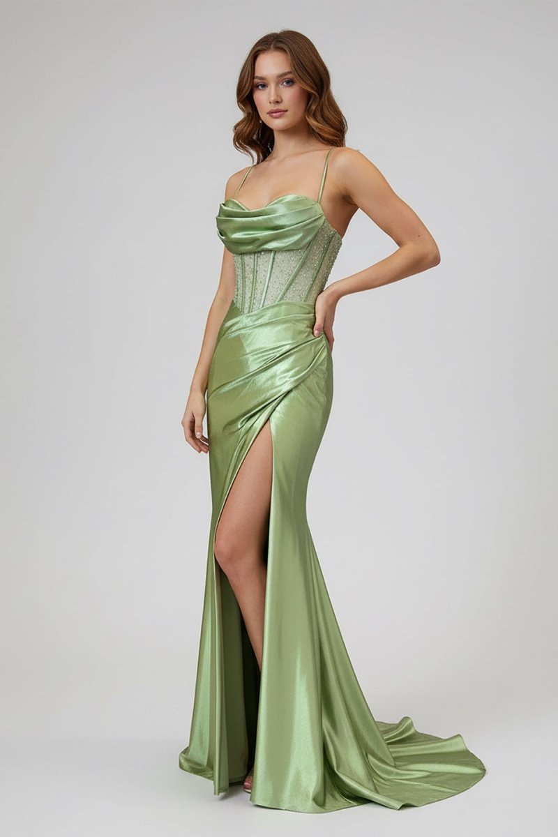 Sage Spaghetti Straps Satin Mermaid Long Prom Dress with Slit