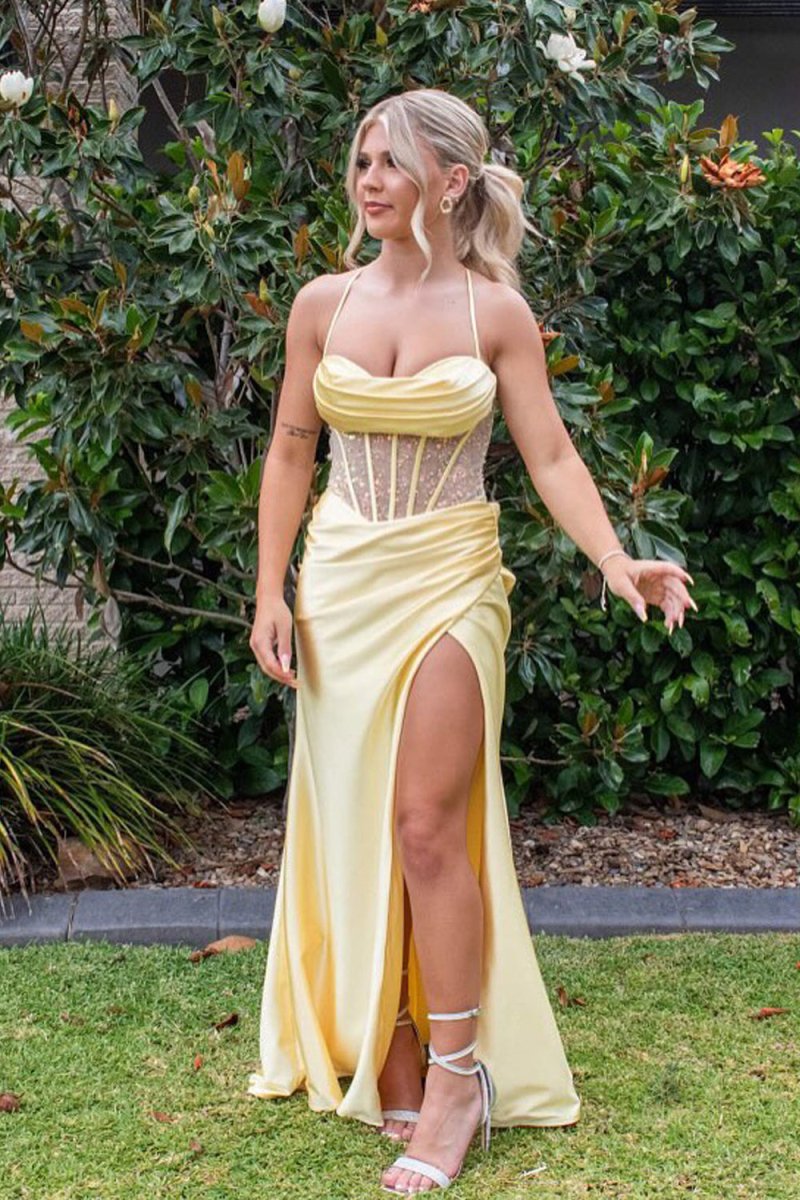 Sage Spaghetti Straps Satin Mermaid Long Prom Dress with Slit