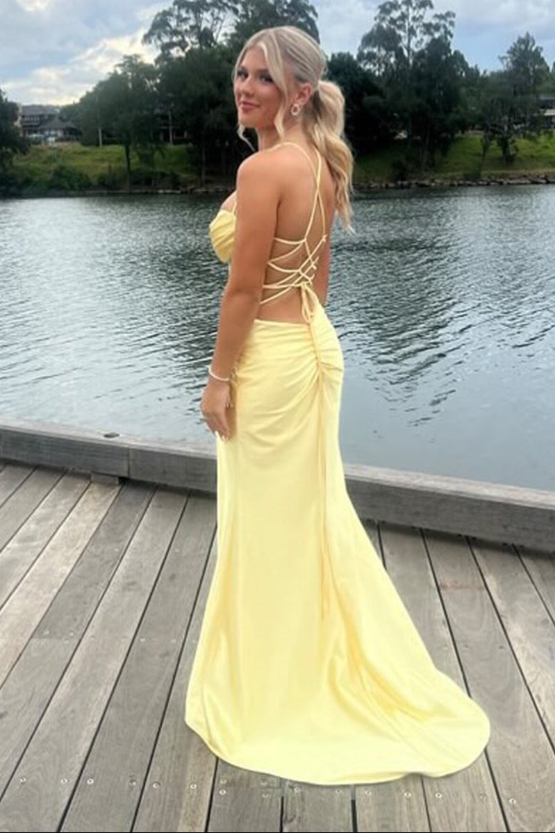Sage Spaghetti Straps Satin Mermaid Long Prom Dress with Slit