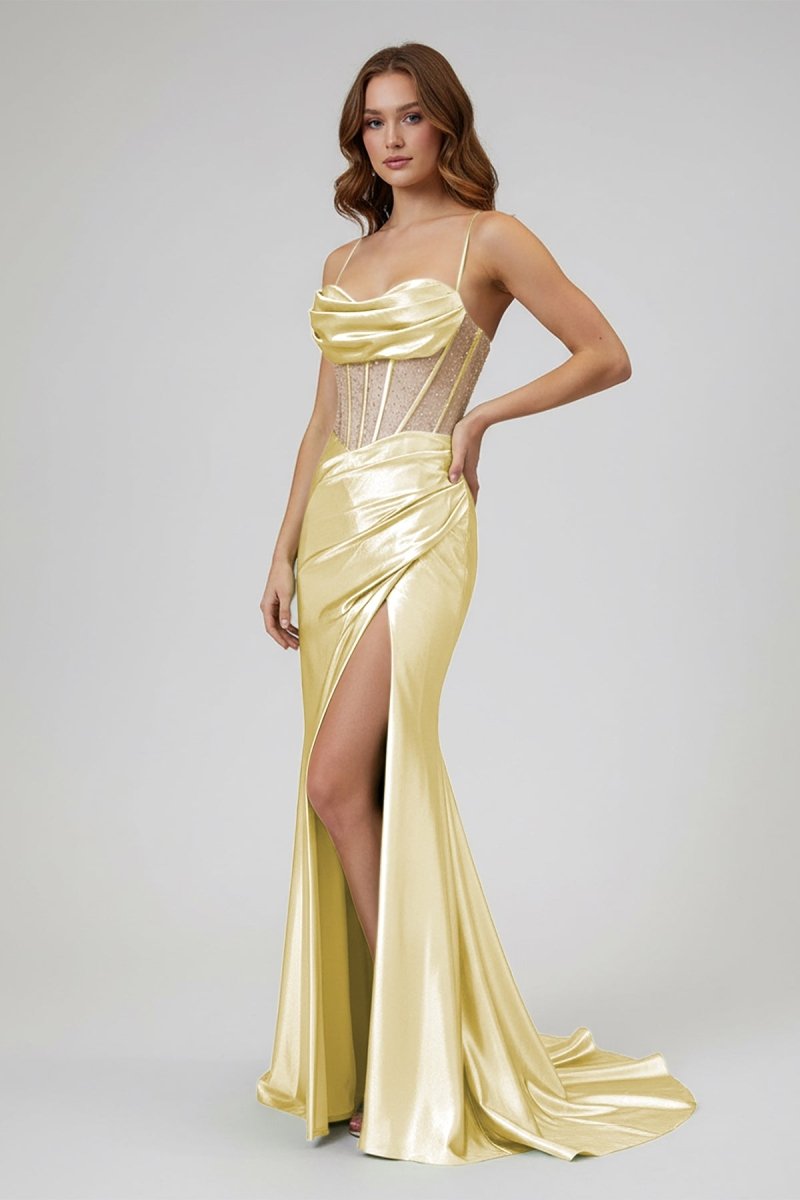 Sage Spaghetti Straps Satin Mermaid Long Prom Dress with Slit