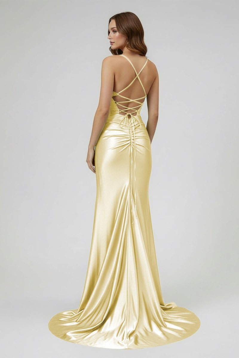 Sage Spaghetti Straps Satin Mermaid Long Prom Dress with Slit