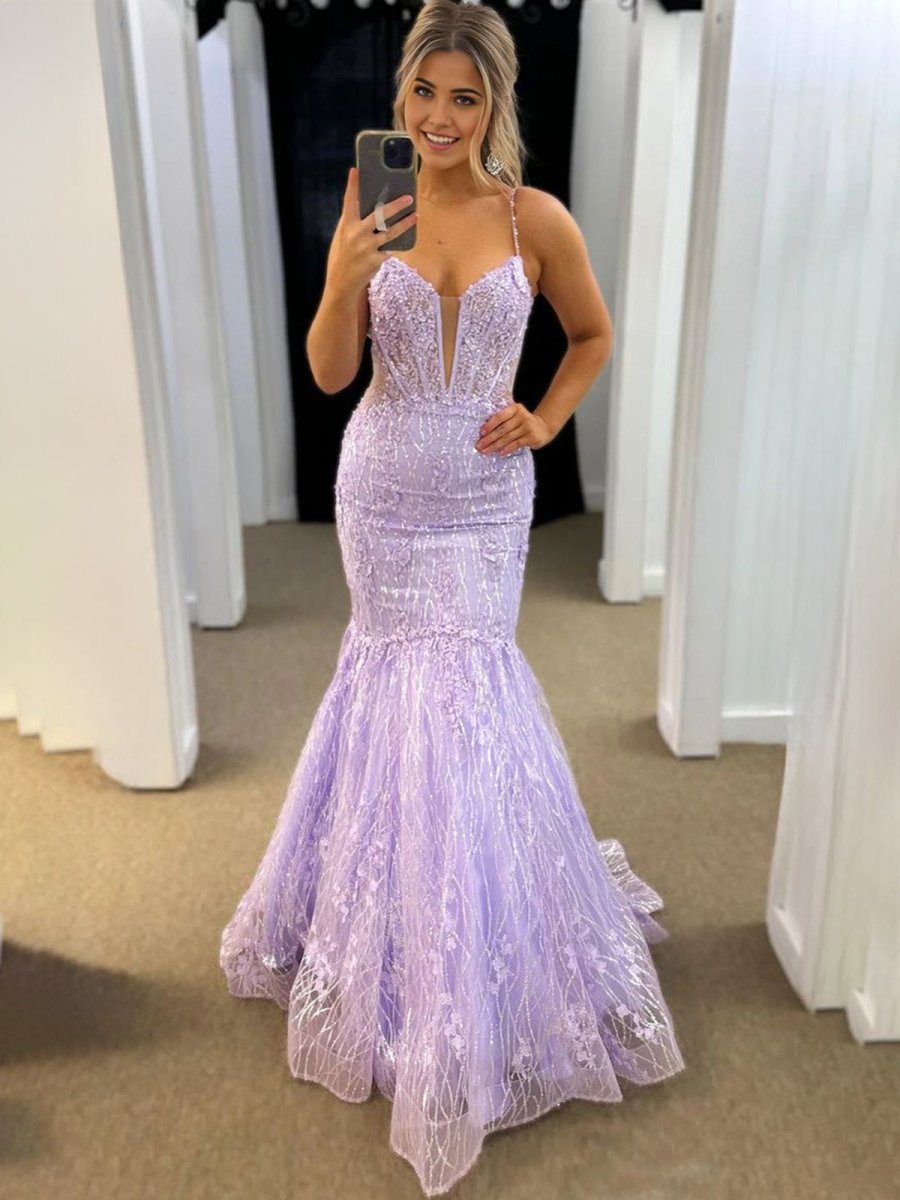 Mermaid Spaghetti Straps Lavender Lace Tulle Long Prom Dresses