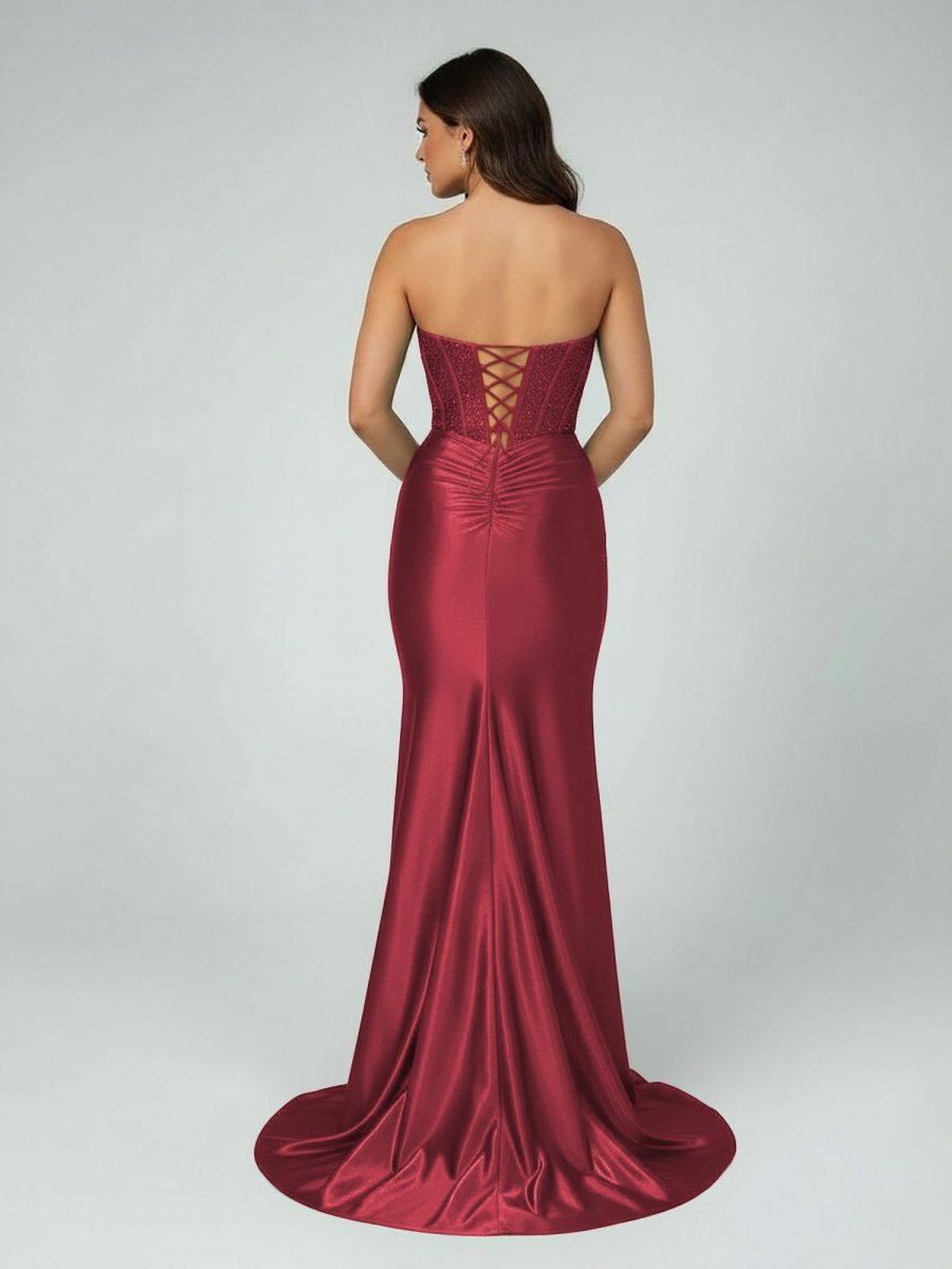 Burgundy Beaded Sweetheart Mermaid Long Prom Dress