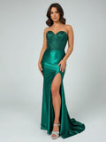 Burgundy Beaded Sweetheart Mermaid Long Prom Dress