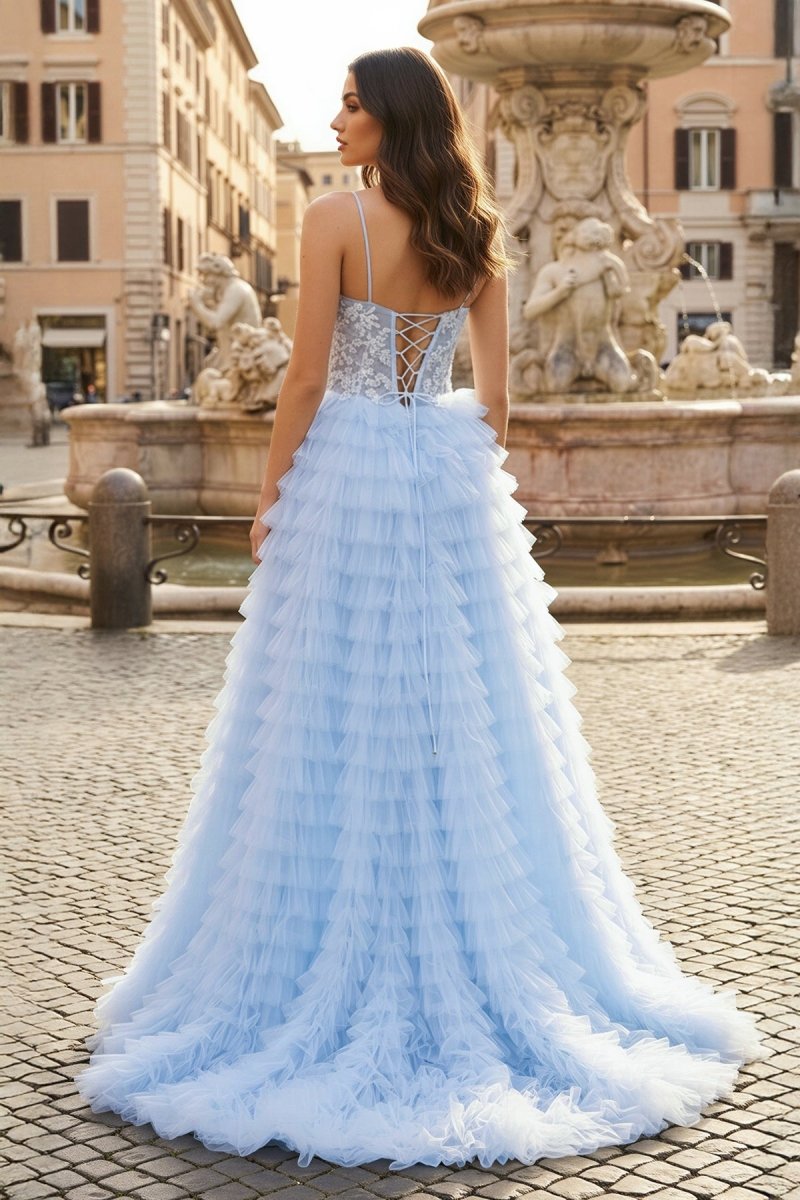 Sky Blue A-Line Tiered Sequins Tulle Long Prom Dress