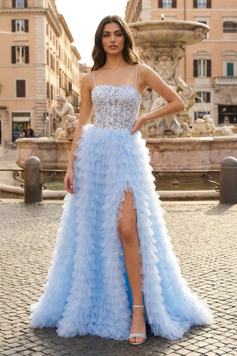 Sky Blue A-Line Tiered Sequins Tulle Long Prom Dress