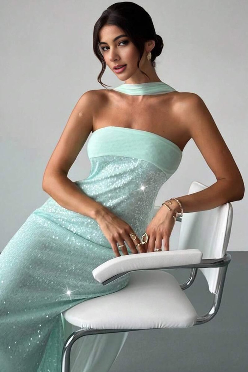 Aqua Strapless Sheath Sequined Formal Prom Dresses With Scarf