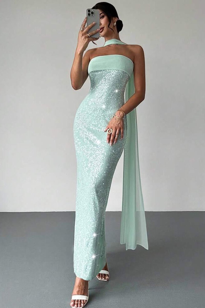 Aqua Strapless Sheath Sequined Formal Prom Dresses With Scarf