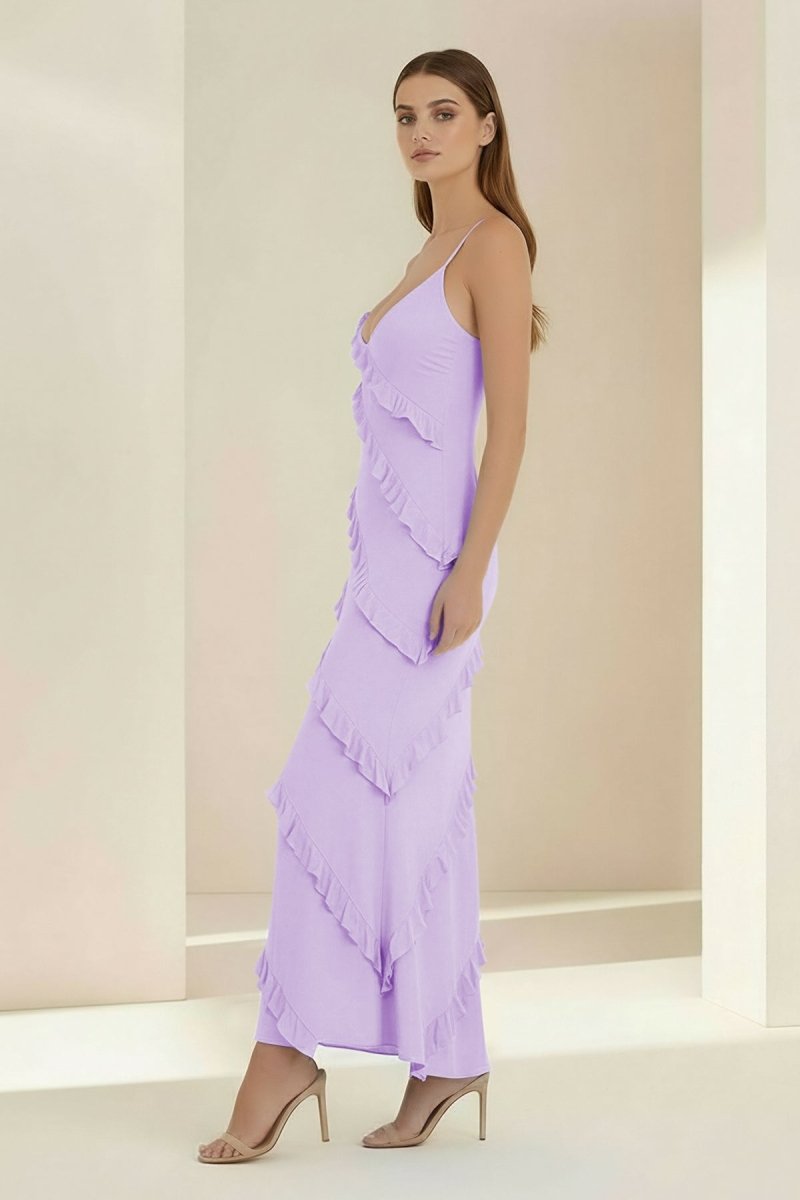 Sky Blue Halter Sheath Satin Backless Long Formal Prom Dresses With Ruffles