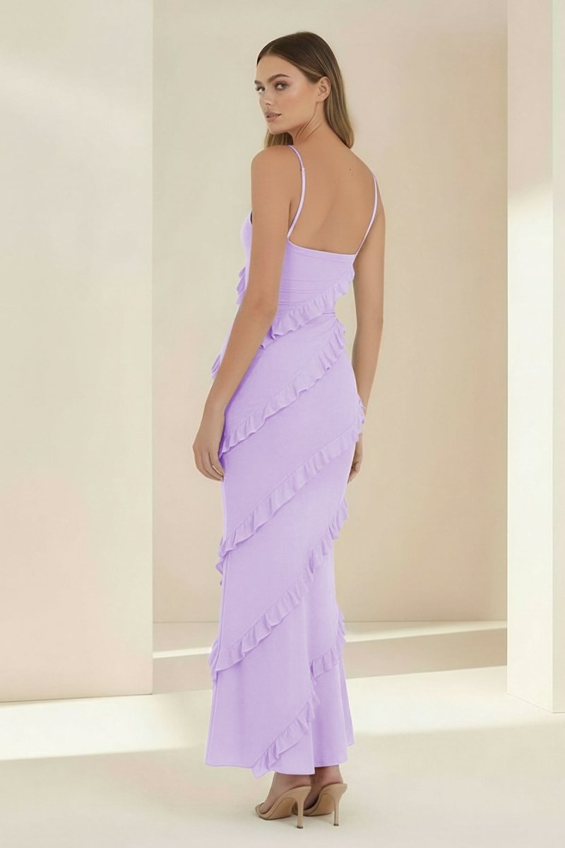 Sky Blue Halter Sheath Satin Backless Long Formal Prom Dresses With Ruffles
