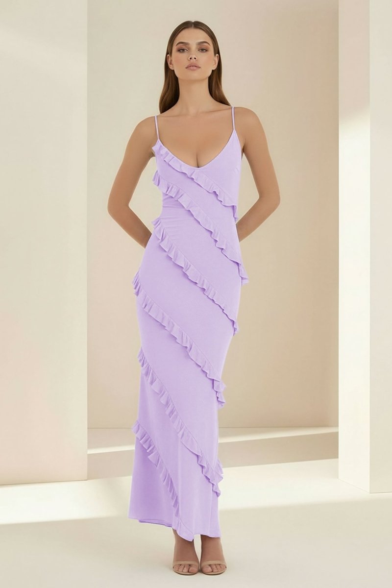 Sky Blue Halter Sheath Satin Backless Long Formal Prom Dresses With Ruffles