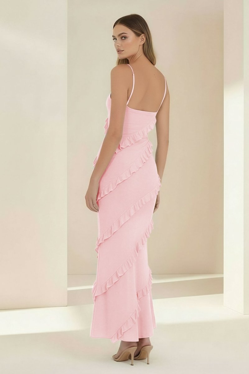 Sky Blue Halter Sheath Satin Backless Long Formal Prom Dresses With Ruffles