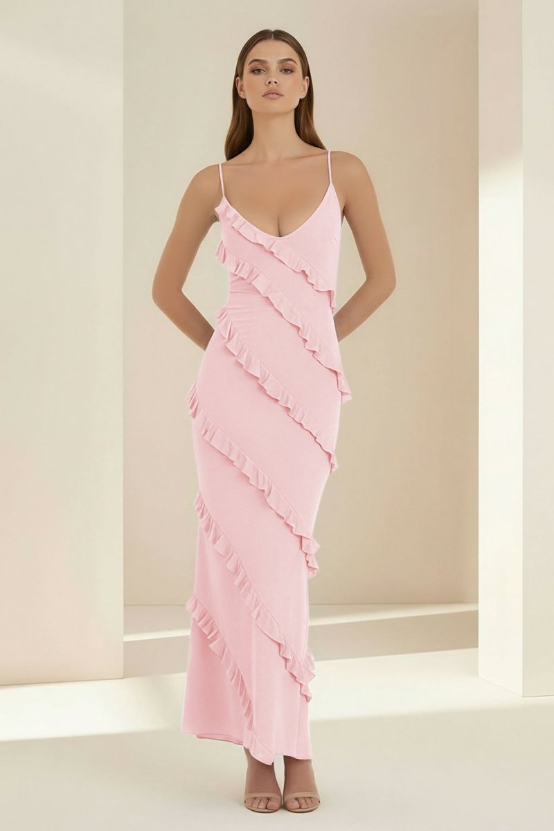 Sky Blue Halter Sheath Satin Backless Long Formal Prom Dresses With Ruffles